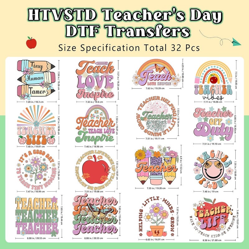 HTVSTD 32 Sheets Teacher Day Iron on Transfers DTF Transfers Ready to Press Retro Teacher Iron on Decals for T-Shirts Flower Heat Transfer Vinyl Iron on Decals for DIY Patches Decals - Image 2